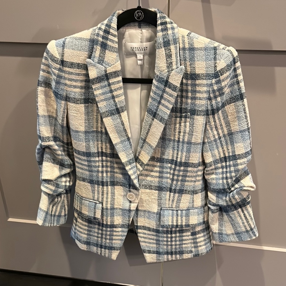 10 Crosby Derek Lam Blue and White Plaid Blazer Tailored Fit